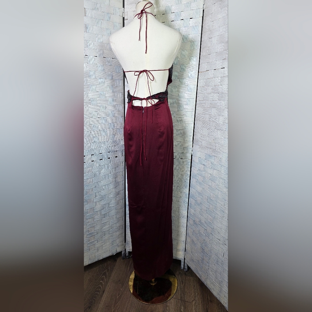 90's VNTG. CACHE Burgundy Backless Butterfly Halter Gown With Wrap - Picture 6 of 9